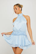 Light Blue Sheer Chiffon Halterneck Tier Hem Mini Dress - AMRONI