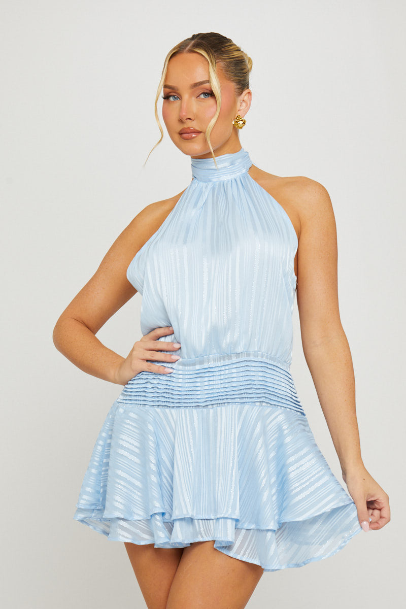 Light Blue Sheer Chiffon Halterneck Tier Hem Mini Dress - AMRONI