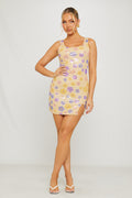 Purple Mini Dress - Sequin Botanical-Print Detail Squared Neckline