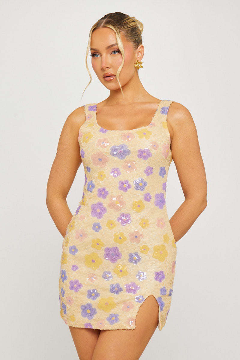 Purple Mini Dress - Sequin Botanical-Print Detail Squared Neckline