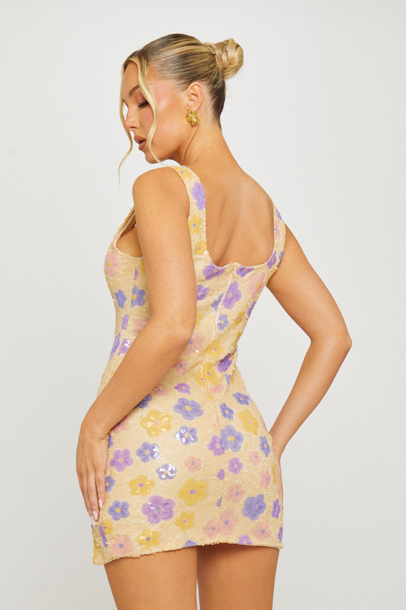 Purple Mini Dress - Sequin Botanical-Print Detail Squared Neckline