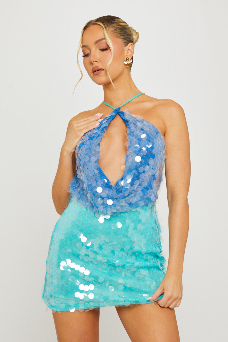 Blue & Green Gradient Sparkle Halter Mini Dress - AMRONI