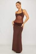 Halter Mesh Panel Detail Maxi Dress in Brown