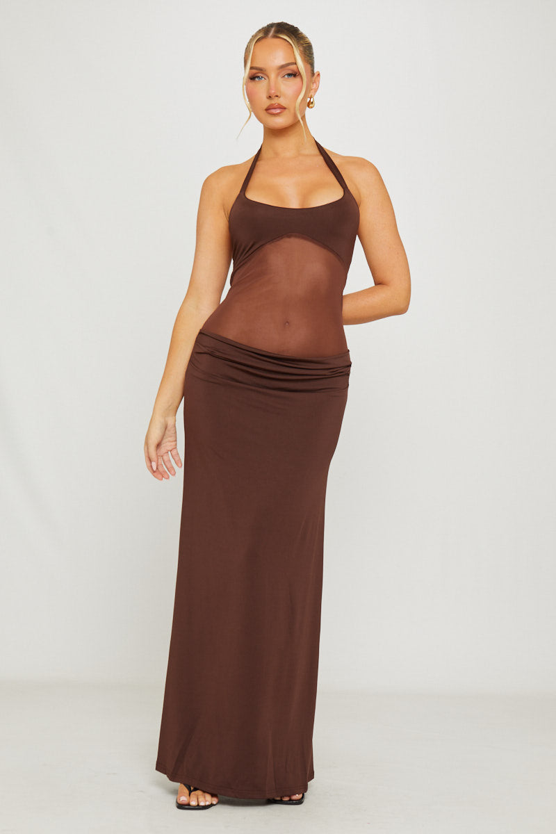 Halter Mesh Panel Detail Maxi Dress in Brown