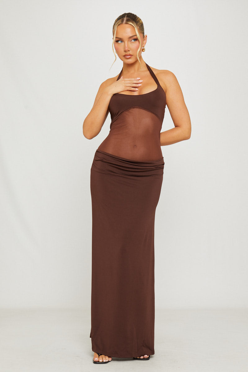 Halter Mesh Panel Detail Maxi Dress in Brown