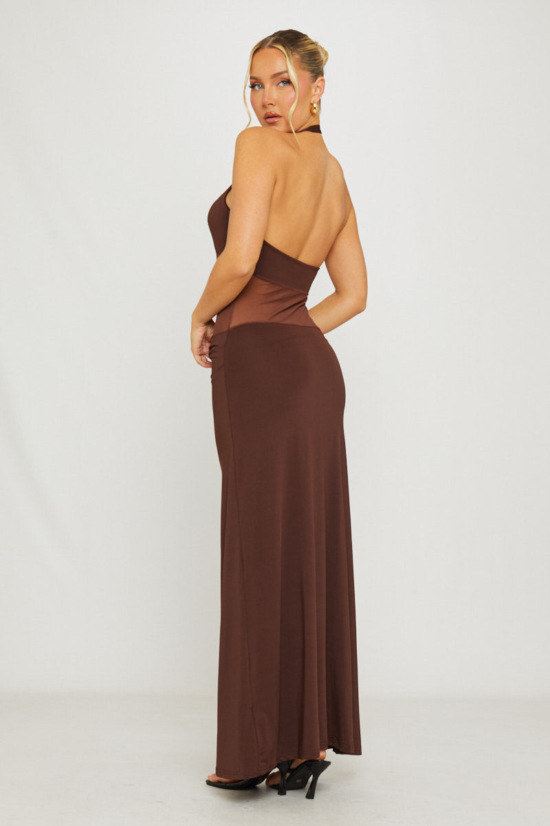 Halter Mesh Panel Detail Maxi Dress in Brown