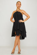 Black Chiffon Halter Uneven-Hem Mini Dress - AMRONI