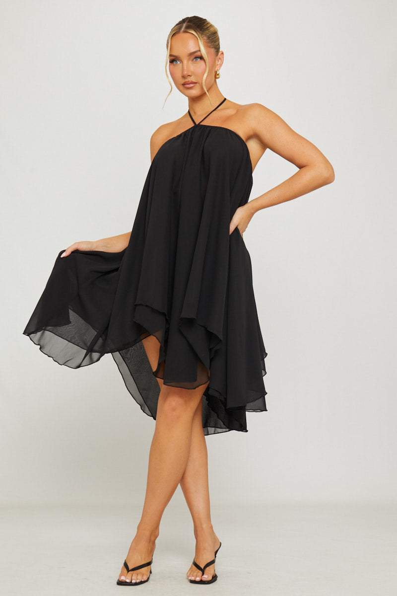 Black Chiffon Halter Uneven-Hem Mini Dress - AMRONI