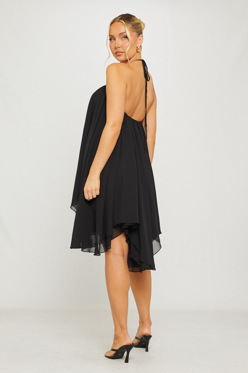 Black Chiffon Halter Uneven-Hem Mini Dress - AMRONI