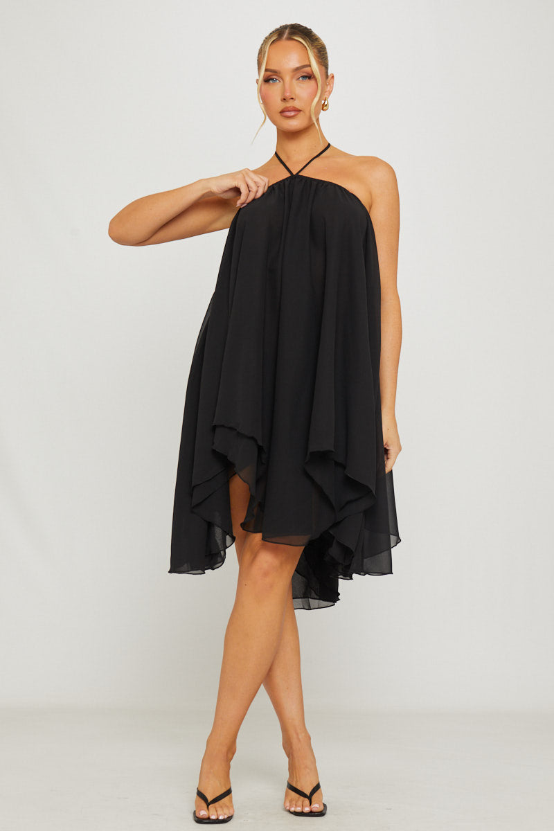 Black Chiffon Halter Uneven-Hem Mini Dress - AMRONI