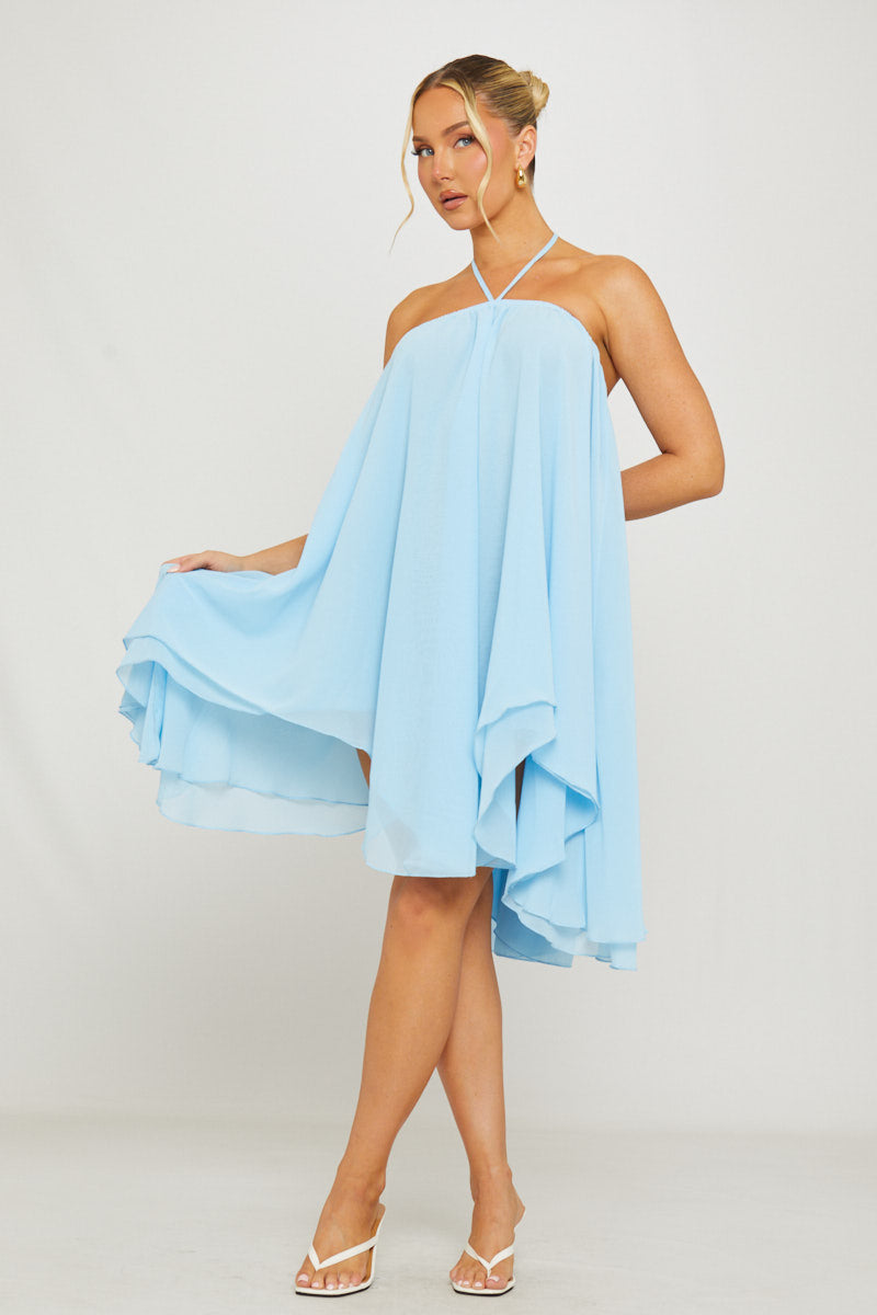 Blue Chiffon Halter Asymmetric Mini Dress - AMRONI