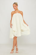 Cream Mini Dress - Sheer Chiffon Halter Uneven-Hem