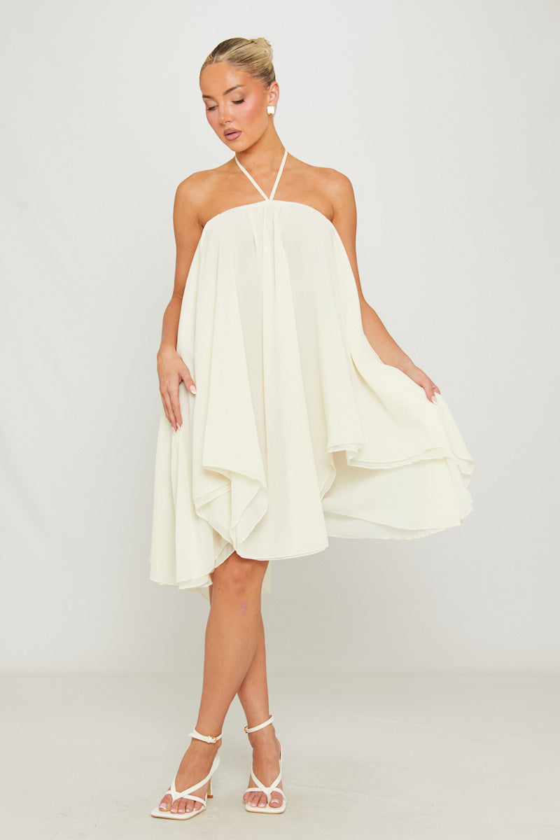 Cream Mini Dress - Sheer Chiffon Halter Uneven-Hem