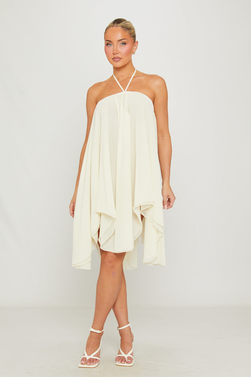 Cream Mini Dress - Sheer Chiffon Halter Uneven-Hem