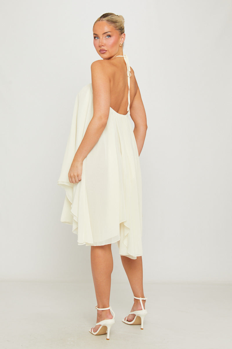 Cream Mini Dress - Sheer Chiffon Halter Uneven-Hem