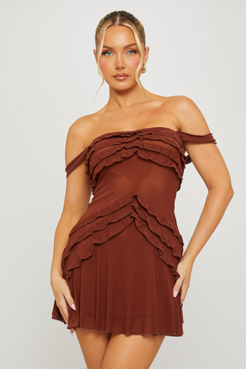 Brown Mini Dress - Bandeau Chiffon Ruffled Trim