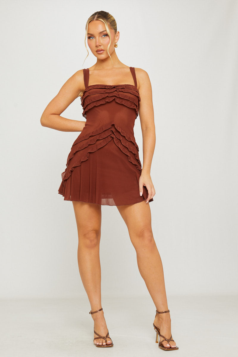 Brown Mini Dress - Bandeau Chiffon Ruffled Trim