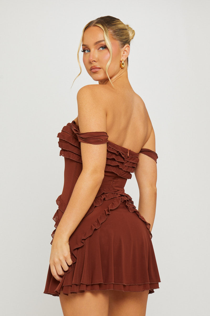 Brown Mini Dress - Bandeau Chiffon Ruffled Trim