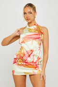 Botanical-Print Mock Neck Open-Back Yellow Mini Dress