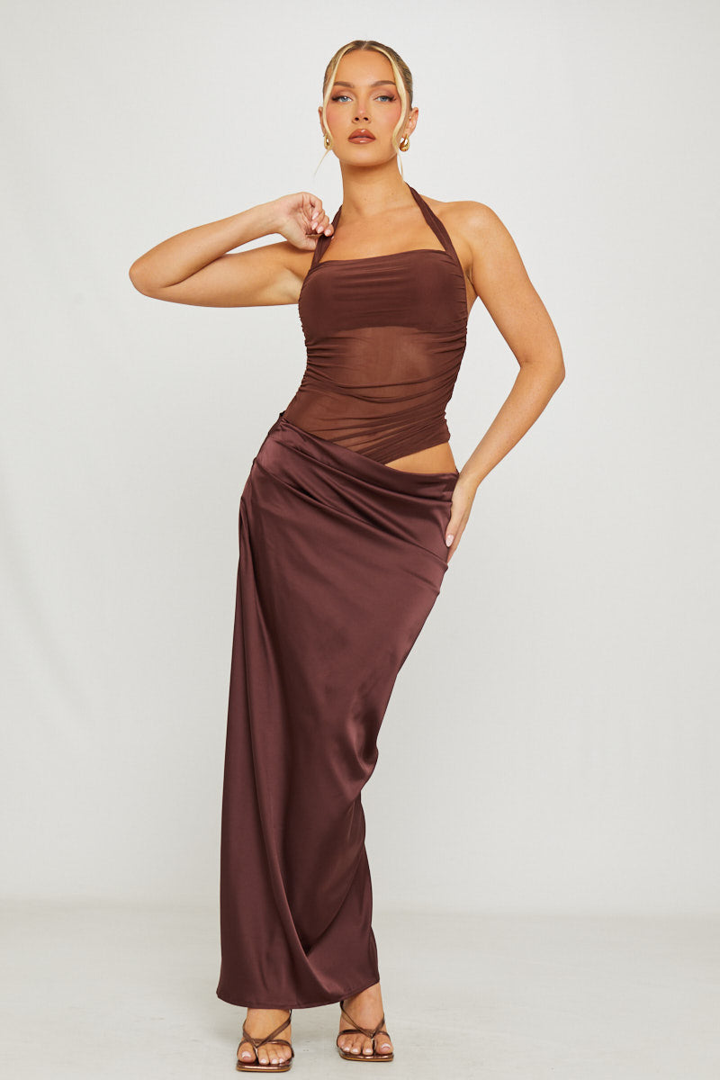 Halter Neck Mesh Detail Asymmetric Maxi Dress in Brown