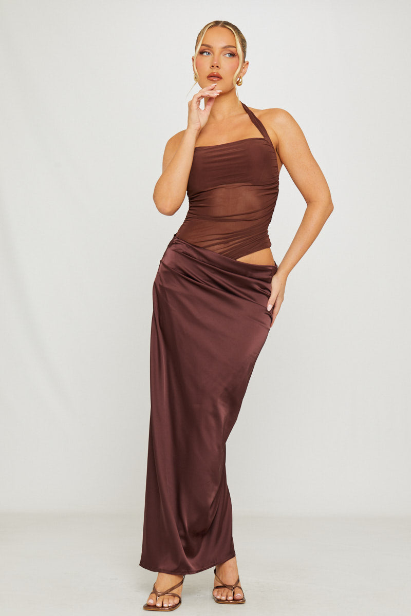 Halter Neck Mesh Detail Asymmetric Maxi Dress in Brown