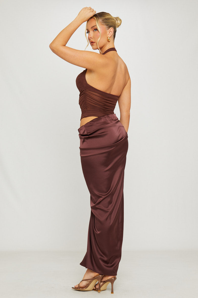 Halter Neck Mesh Detail Asymmetric Maxi Dress in Brown