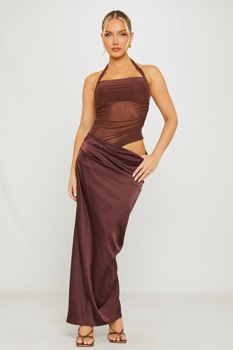 Halter Neck Mesh Detail Asymmetric Maxi Dress in Brown