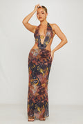 Brown Printed Plunge Halter Open Back Maxi Dress