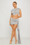 Ruched Crop Top & Draped Mini Skirt Co-Ord in Grey