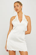 Satin Plunge Halterneck Champagne Mini Dress