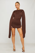 Brown Mini Dress - Shoulder Drapey Bodycon