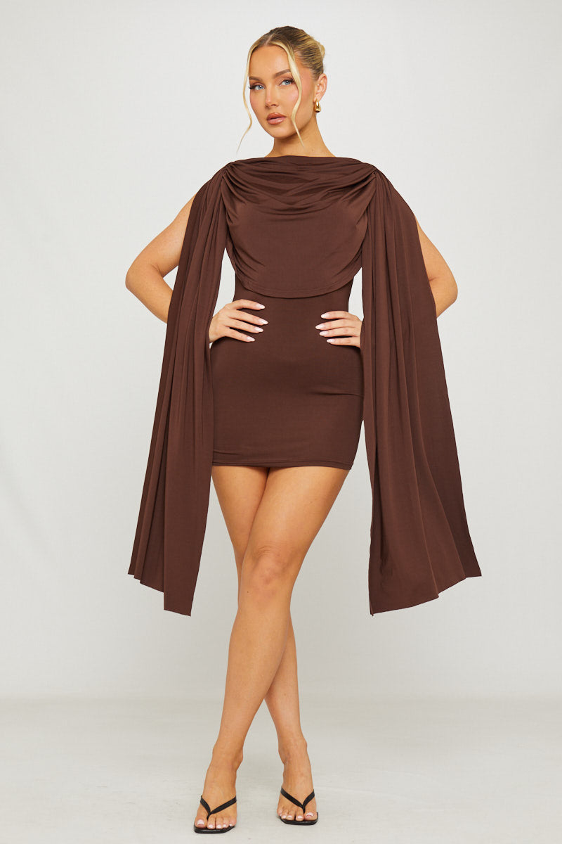 Brown Mini Dress - Shoulder Drapey Bodycon