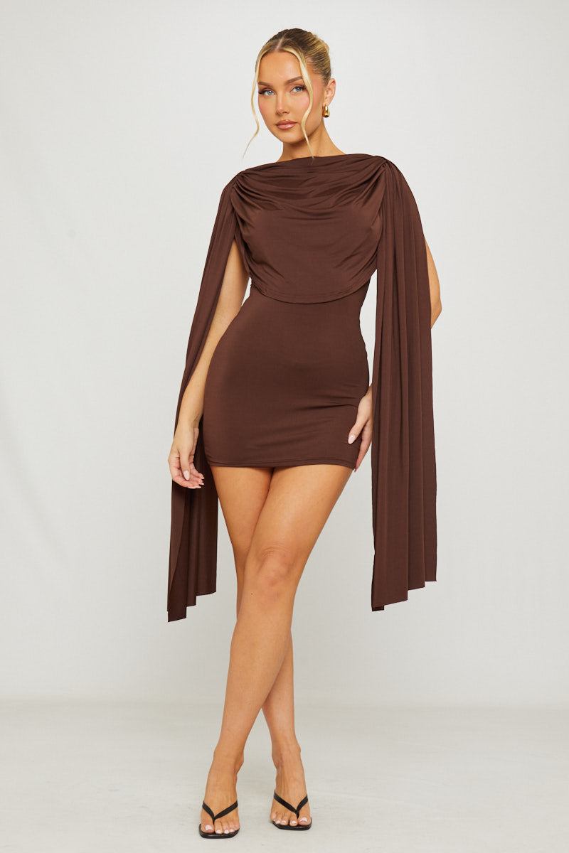Brown Mini Dress - Shoulder Drapey Bodycon