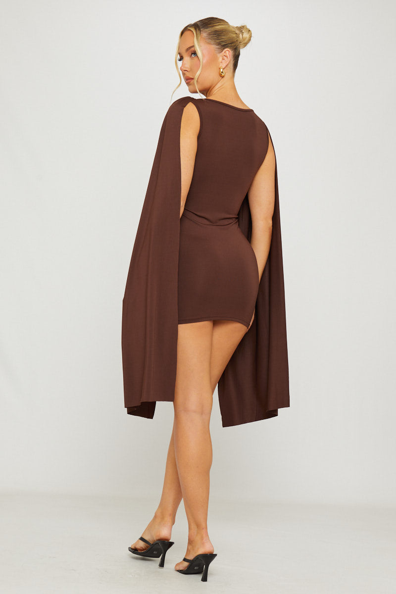 Brown Mini Dress - Shoulder Drapey Bodycon