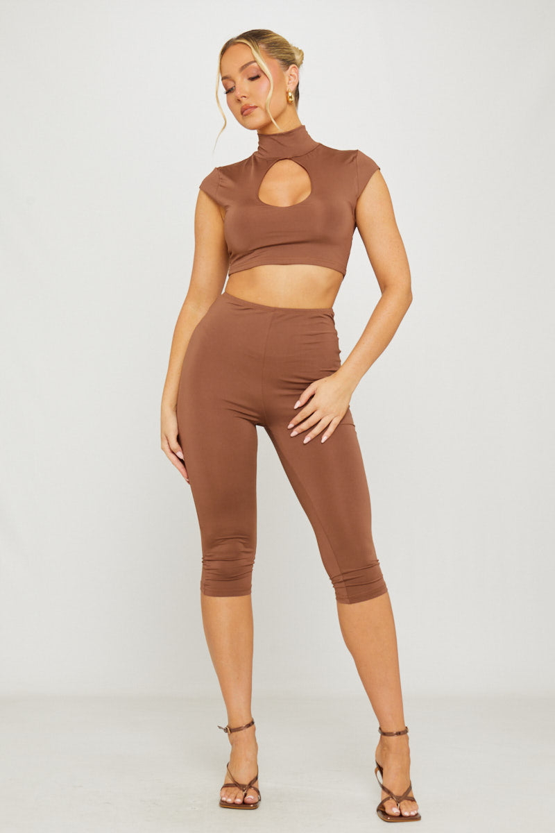 High Neck Cut Out Capri Co-Ord in Brown