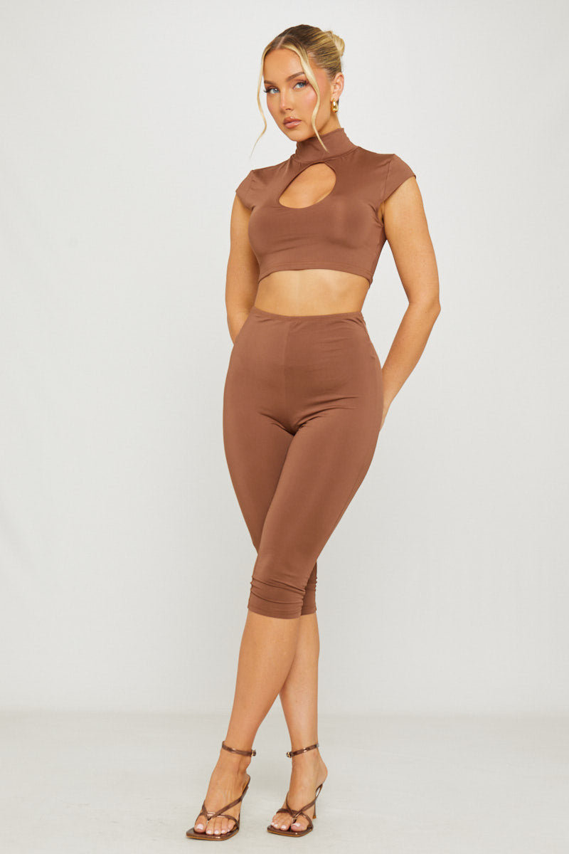 High Neck Cut Out Capri Co-Ord in Brown
