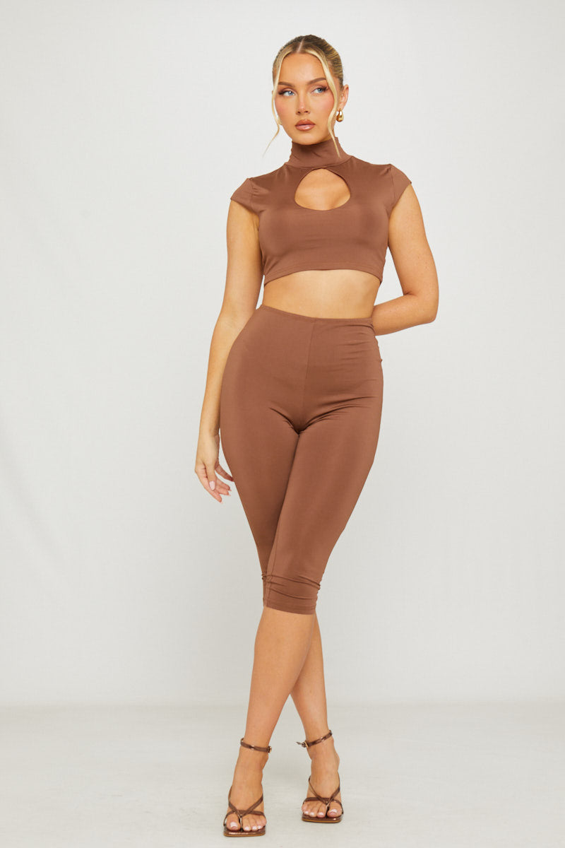 High Neck Cut Out Capri Co-Ord in Brown