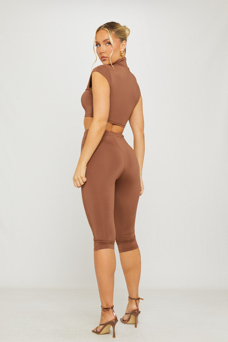 High Neck Cut Out Capri Co-Ord in Brown