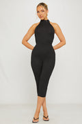 Ribbed High Neck Capri Jumpsuit in Black