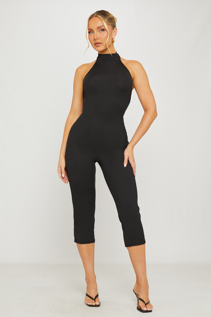 Ribbed High Neck Capri Jumpsuit in Black