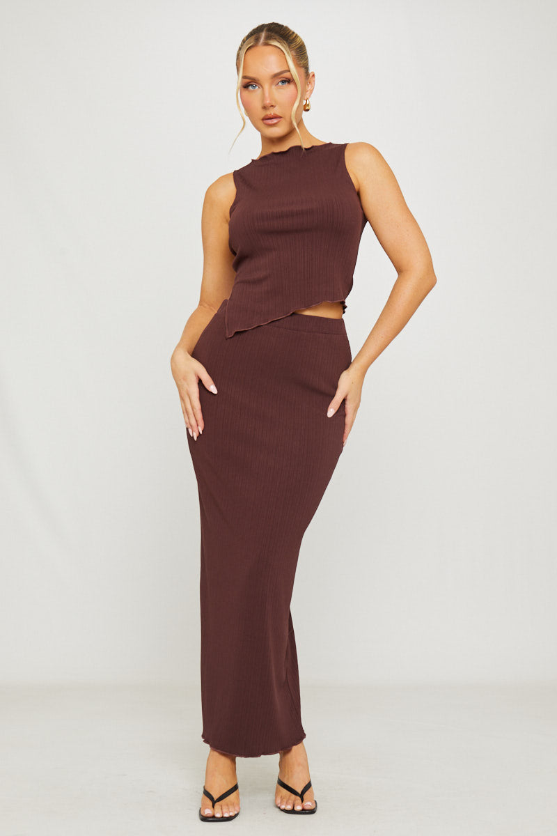 Ribbed Asymmetric Top & Maxi Skirt Co-Ord in Brown