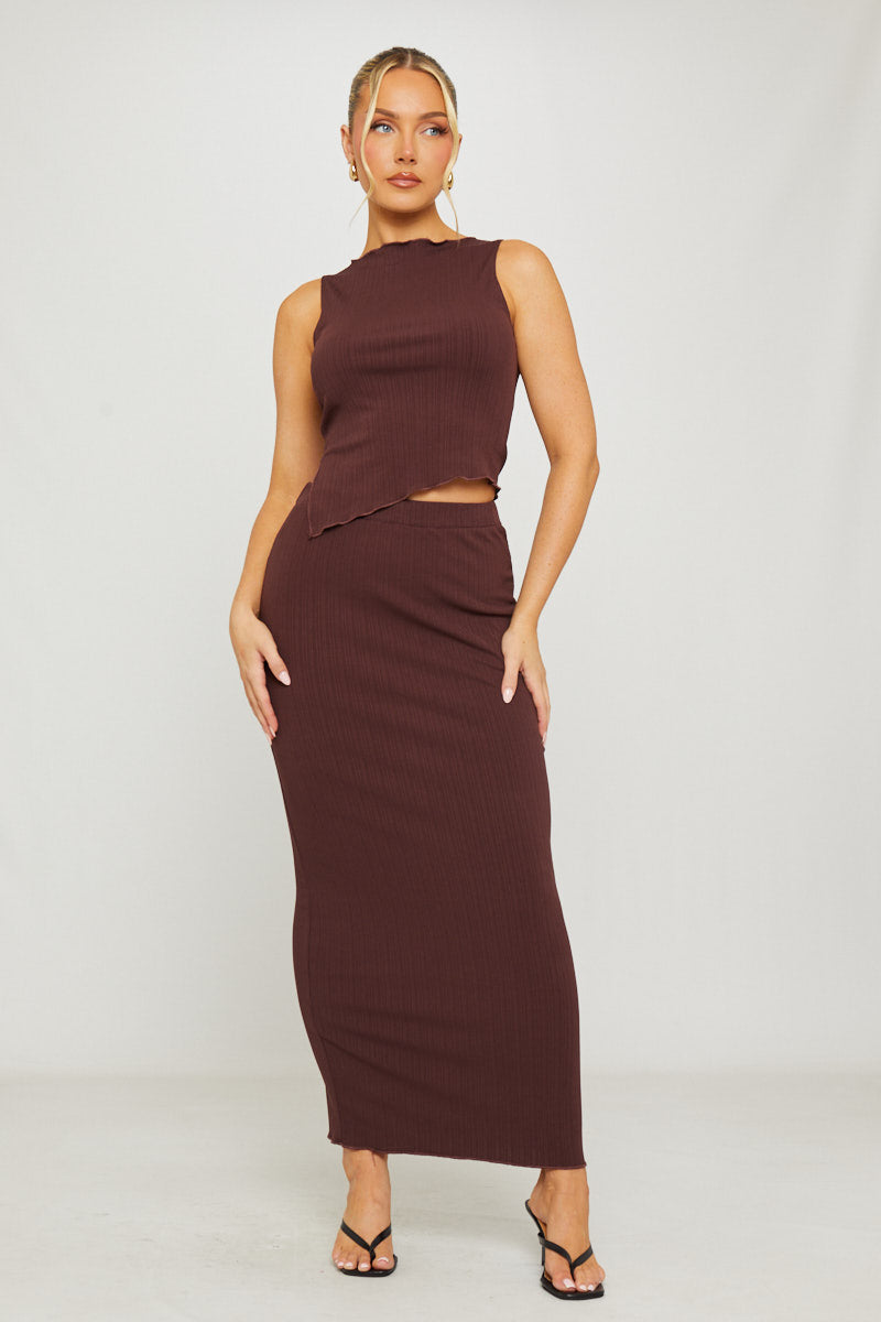 Ribbed Asymmetric Top & Maxi Skirt Co-Ord in Brown
