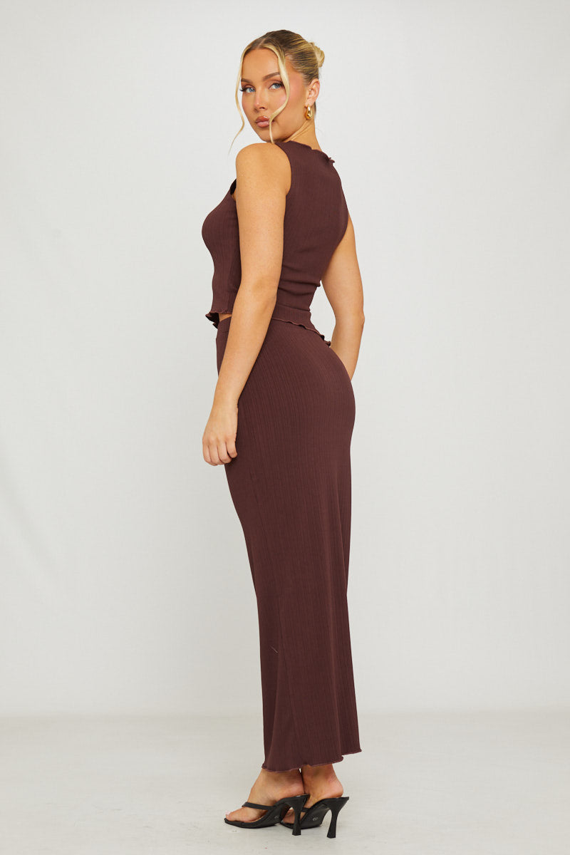 Ribbed Asymmetric Top & Maxi Skirt Co-Ord in Brown