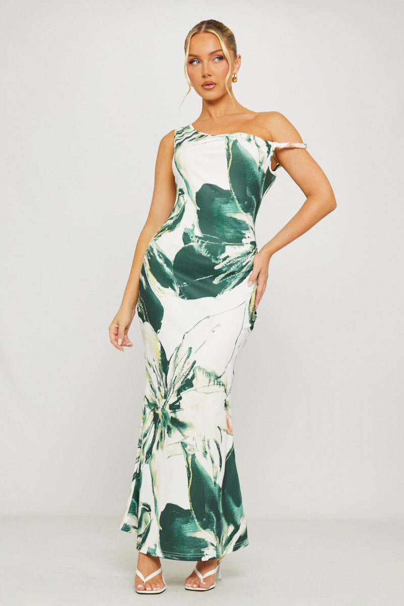 Green Floral Print Asymmetric One-Shoulder Maxi Dress