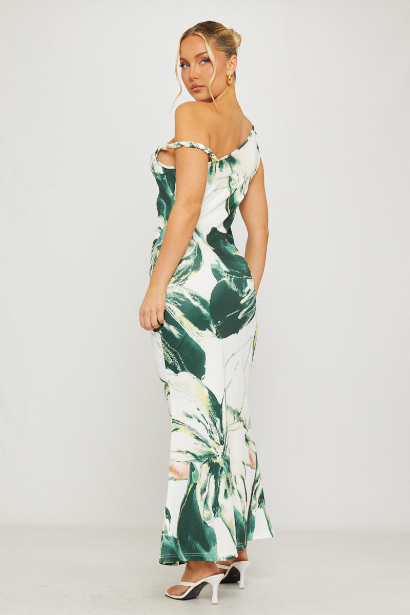 Green Floral Print Asymmetric One-Shoulder Maxi Dress