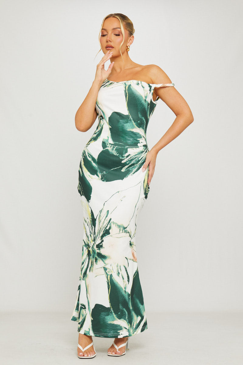 Green Floral Print Asymmetric One-Shoulder Maxi Dress