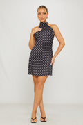 Black Polka-Dot Halterneck Open Back Mini Dress - AMRONI