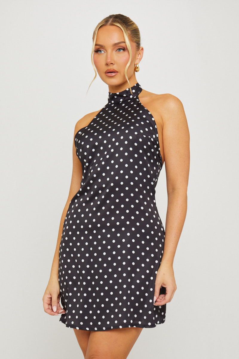 Black Polka-Dot Halterneck Open Back Mini Dress - AMRONI