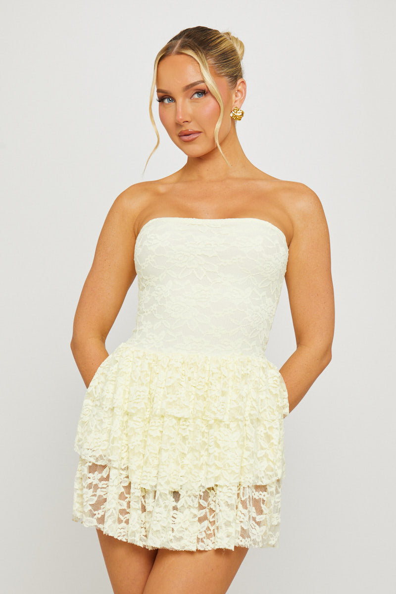 Lemon Mini Dress - Lace Detail Bandeau Ruffled Trim