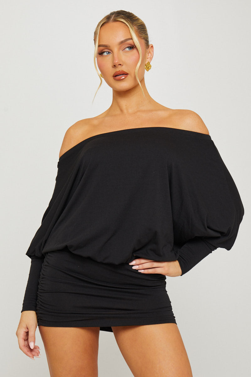 Black Off Shoulder Ruched Dolman Mini Dress - AMRONI